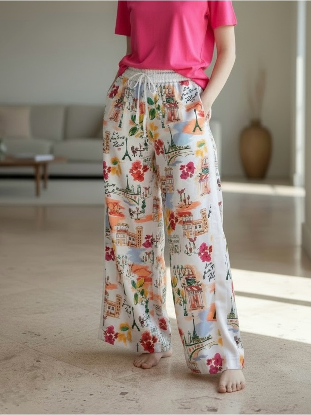 Karl Lagerfeld White Wide-Leg Palazzo Pants with Floral & City Print